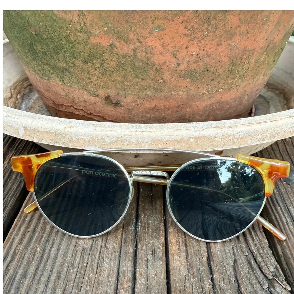 Vintage Pan Oceanic Sunglasses Silver Round Metal Faux Tortoise Amber Taiwan